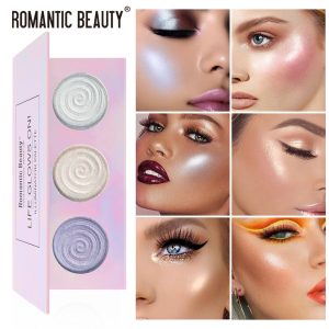 Romantic Beauty Tri-Color Baked Powder Highlighter Palette Pearl Glitter